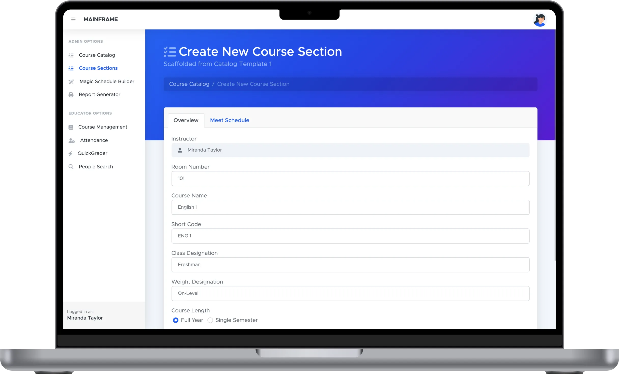 MAINFRAME course section creation form