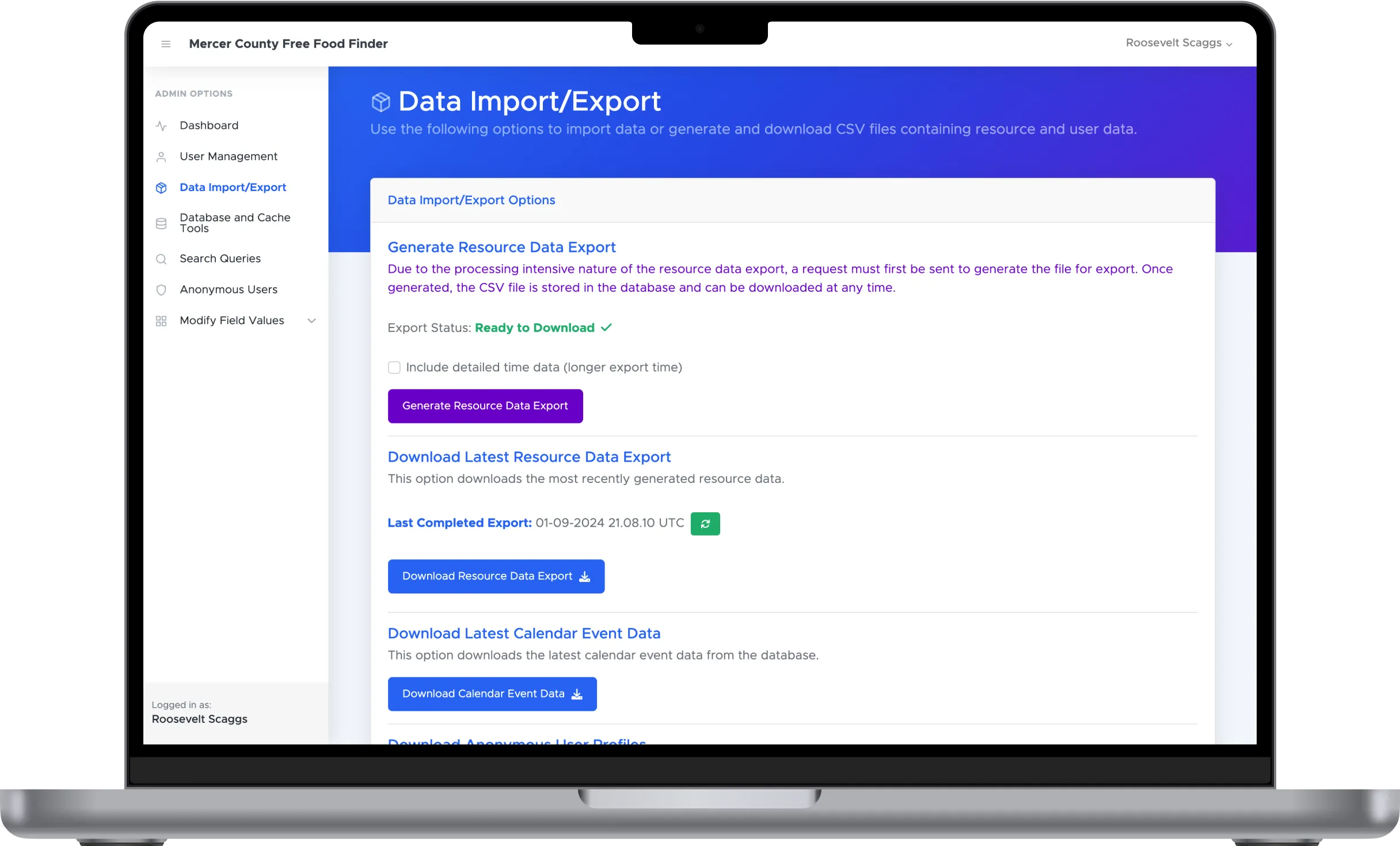 Admin panel data import and export options