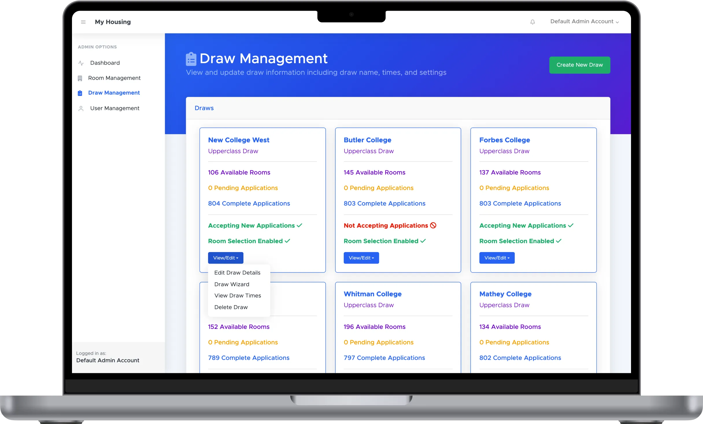 Admin draw management screen