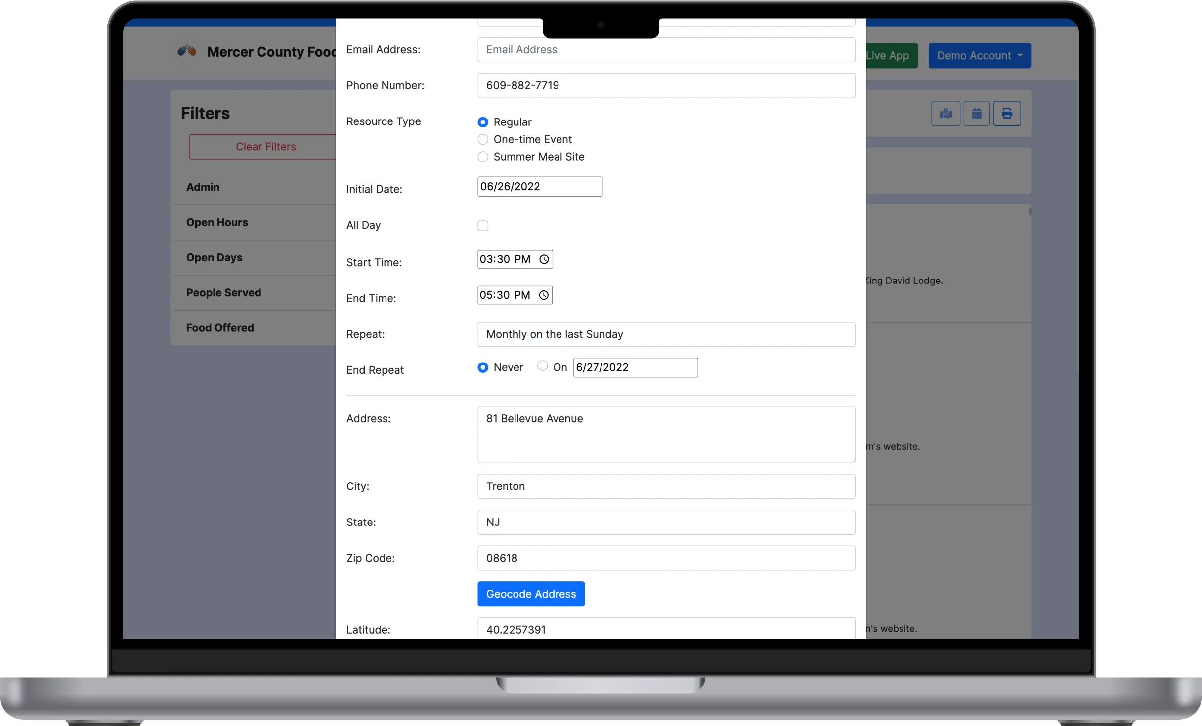 Admin form for editing a food resource