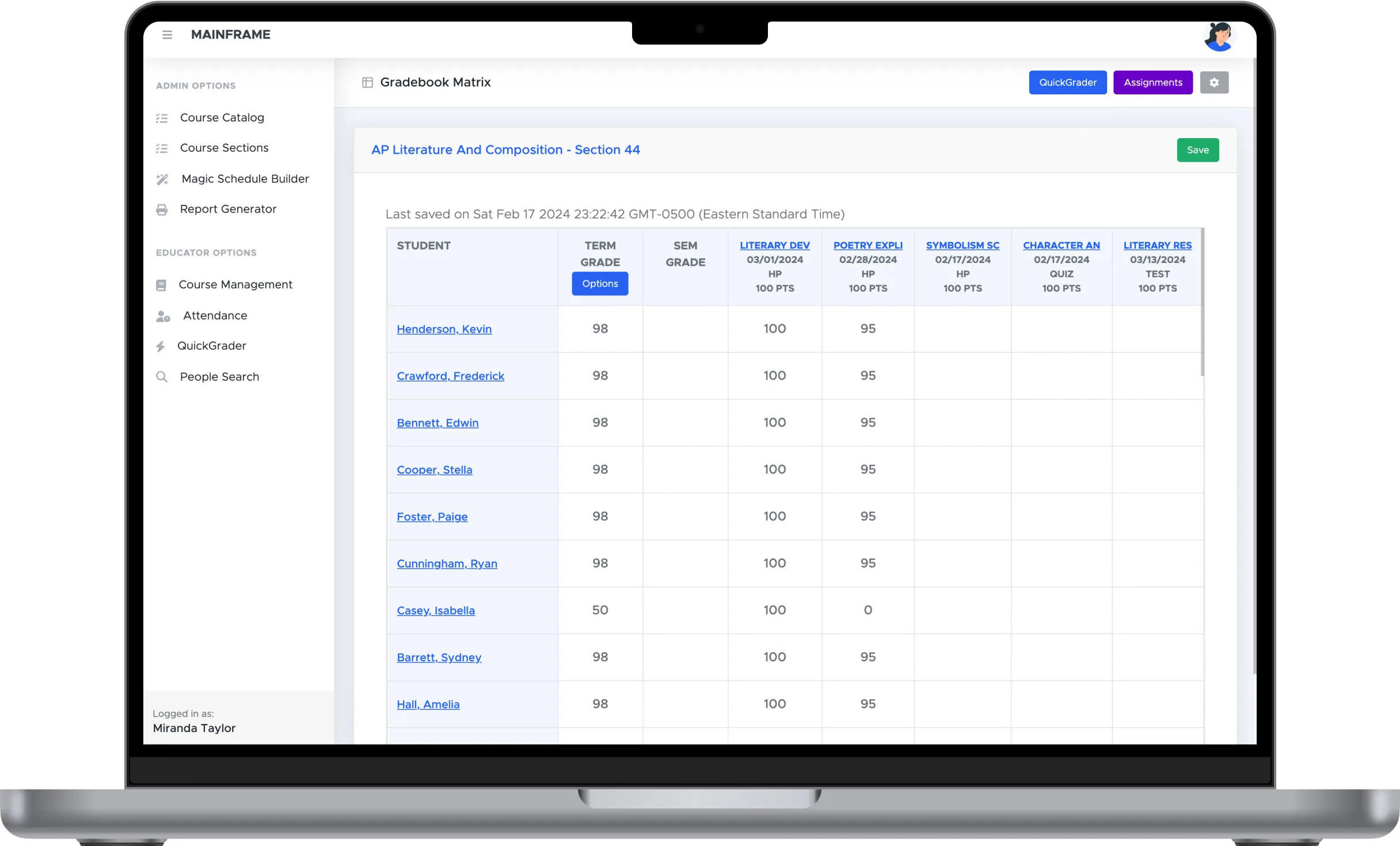 MAINFRAME gradebook matrix