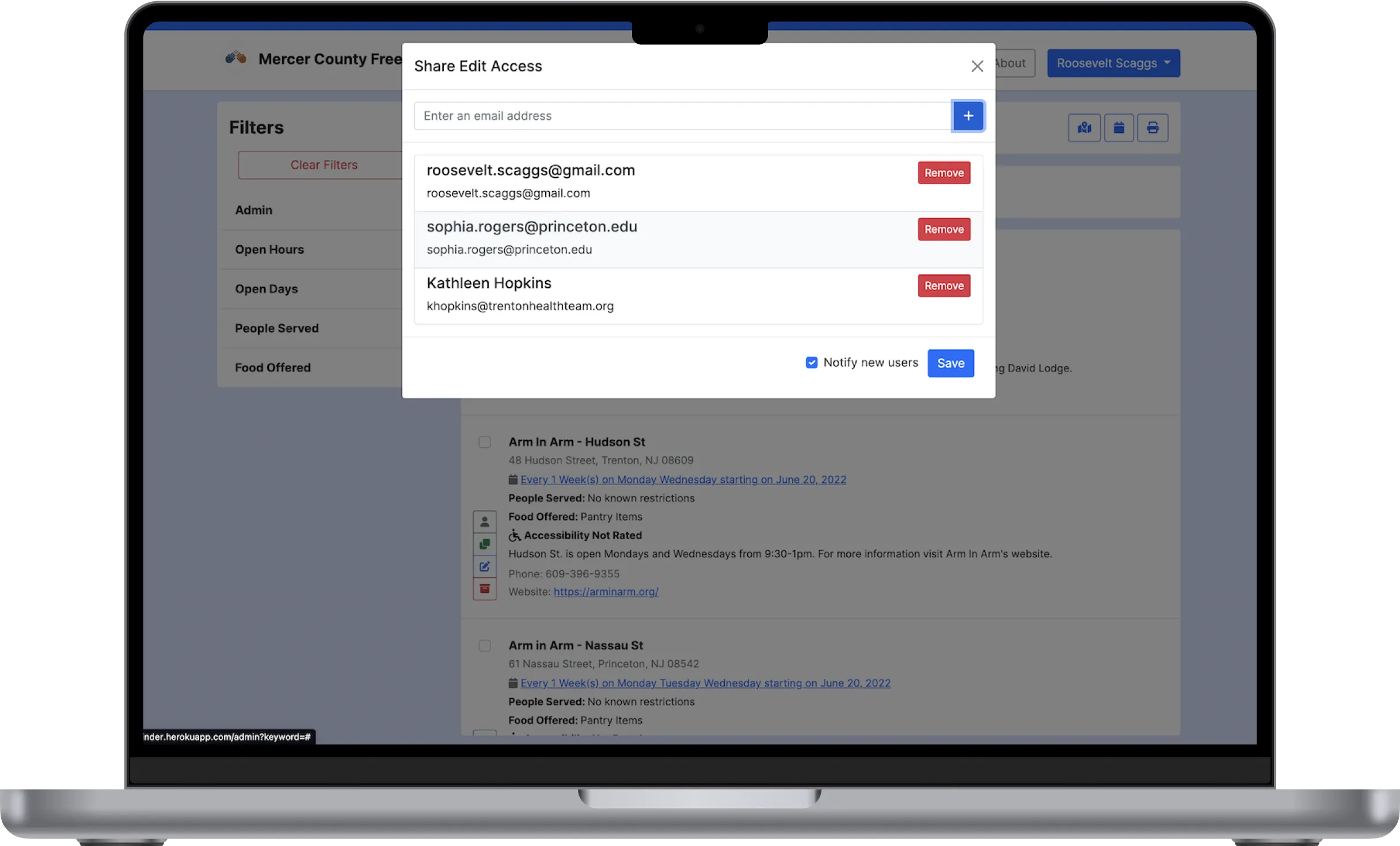 Admin modal for inviting a user