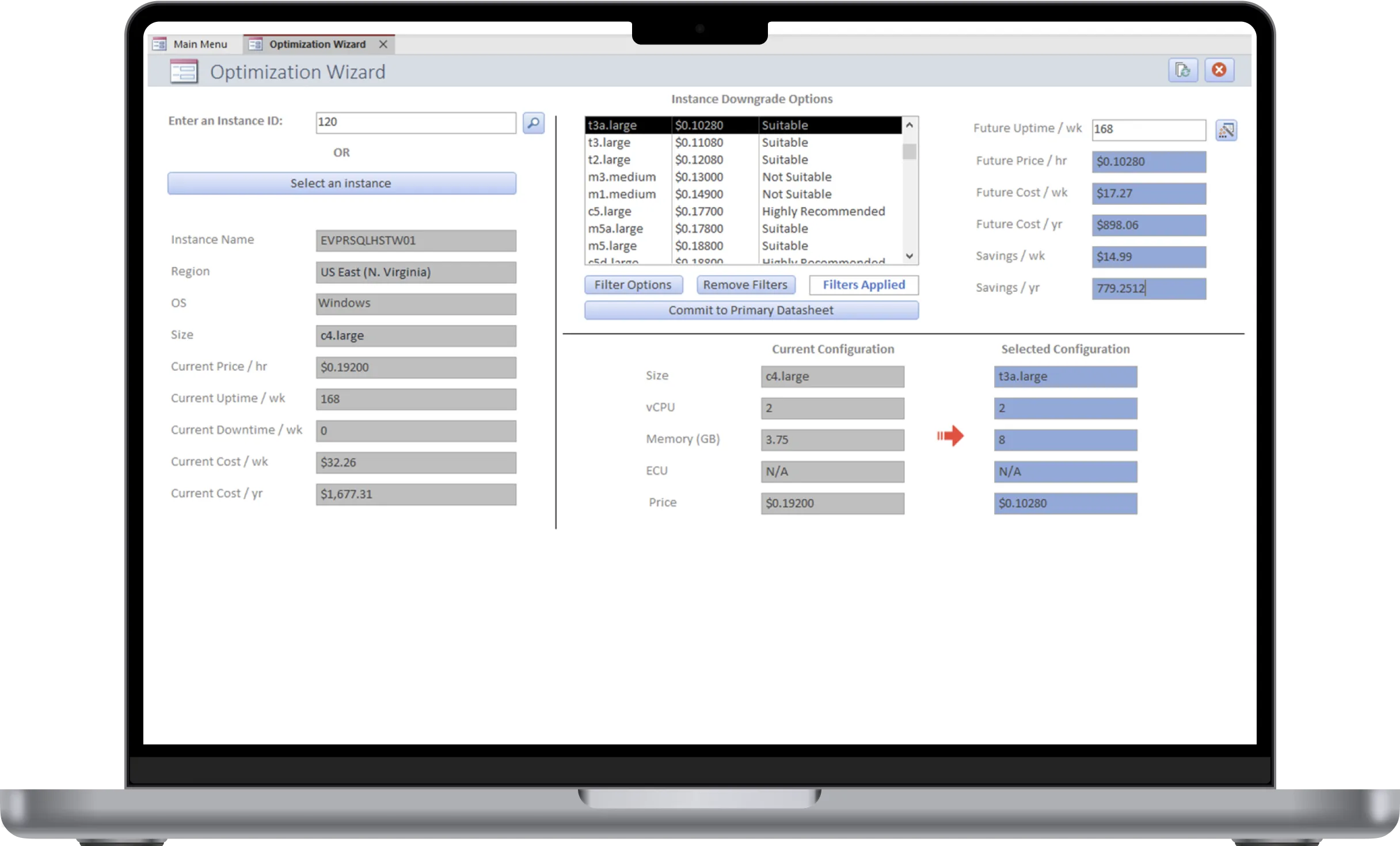 EC2 Optimizer Optimization Wizard listing downgrade options