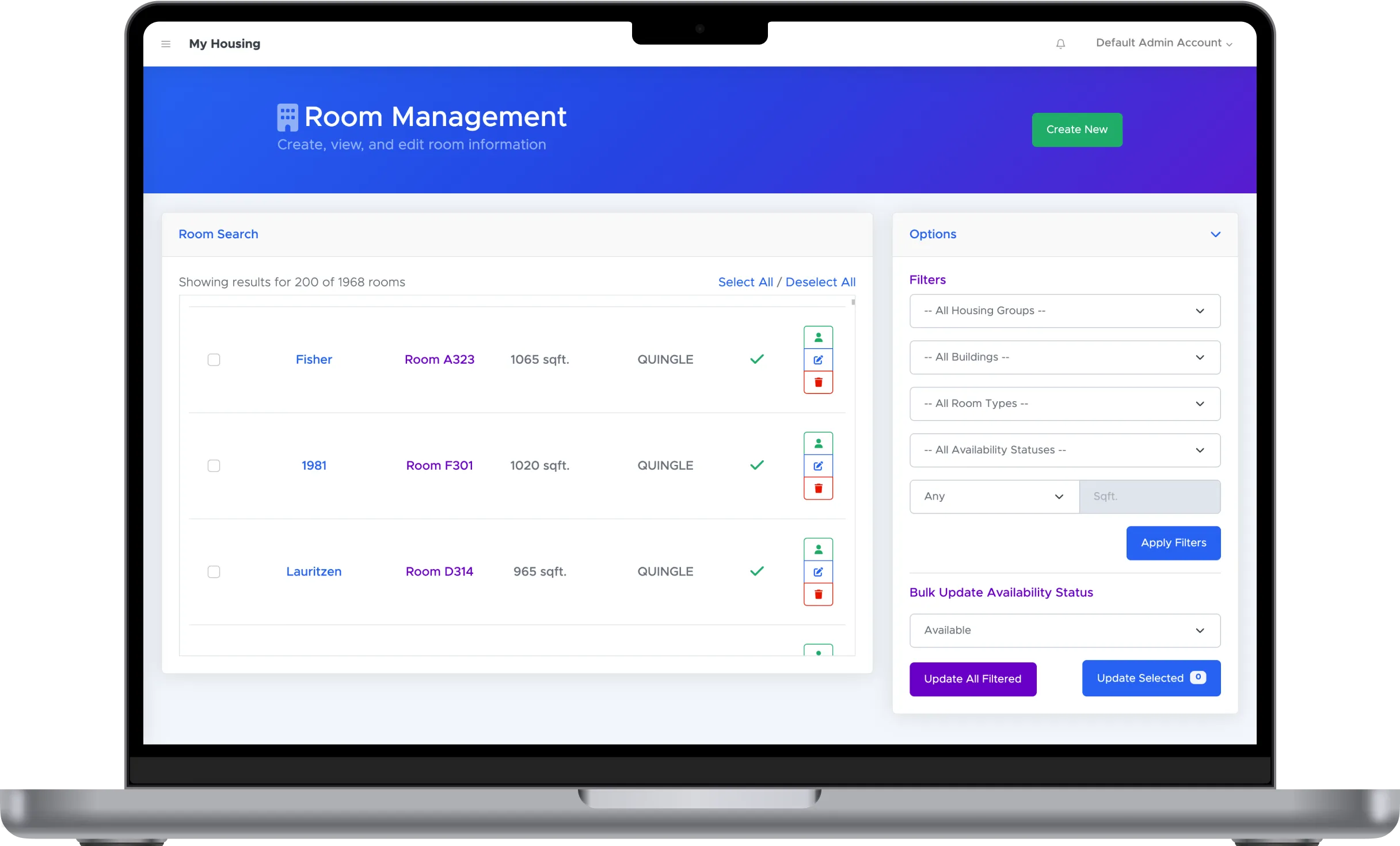 Admin room management screen