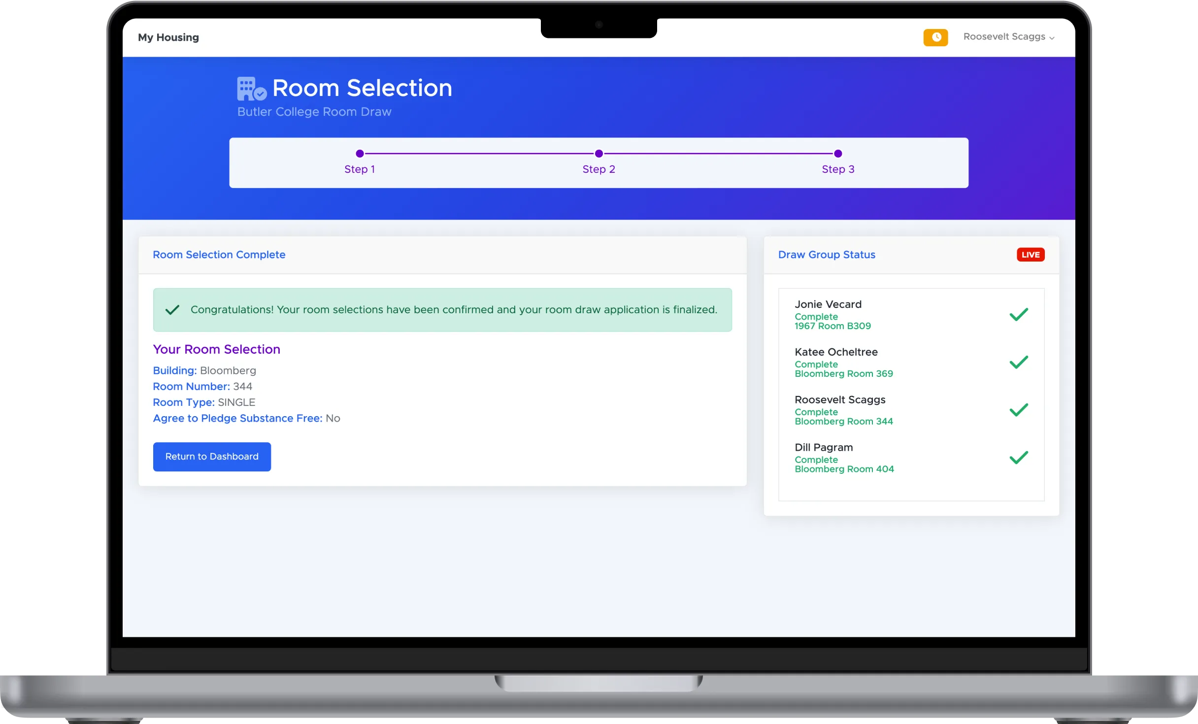 Completed room selection with reserved rooms